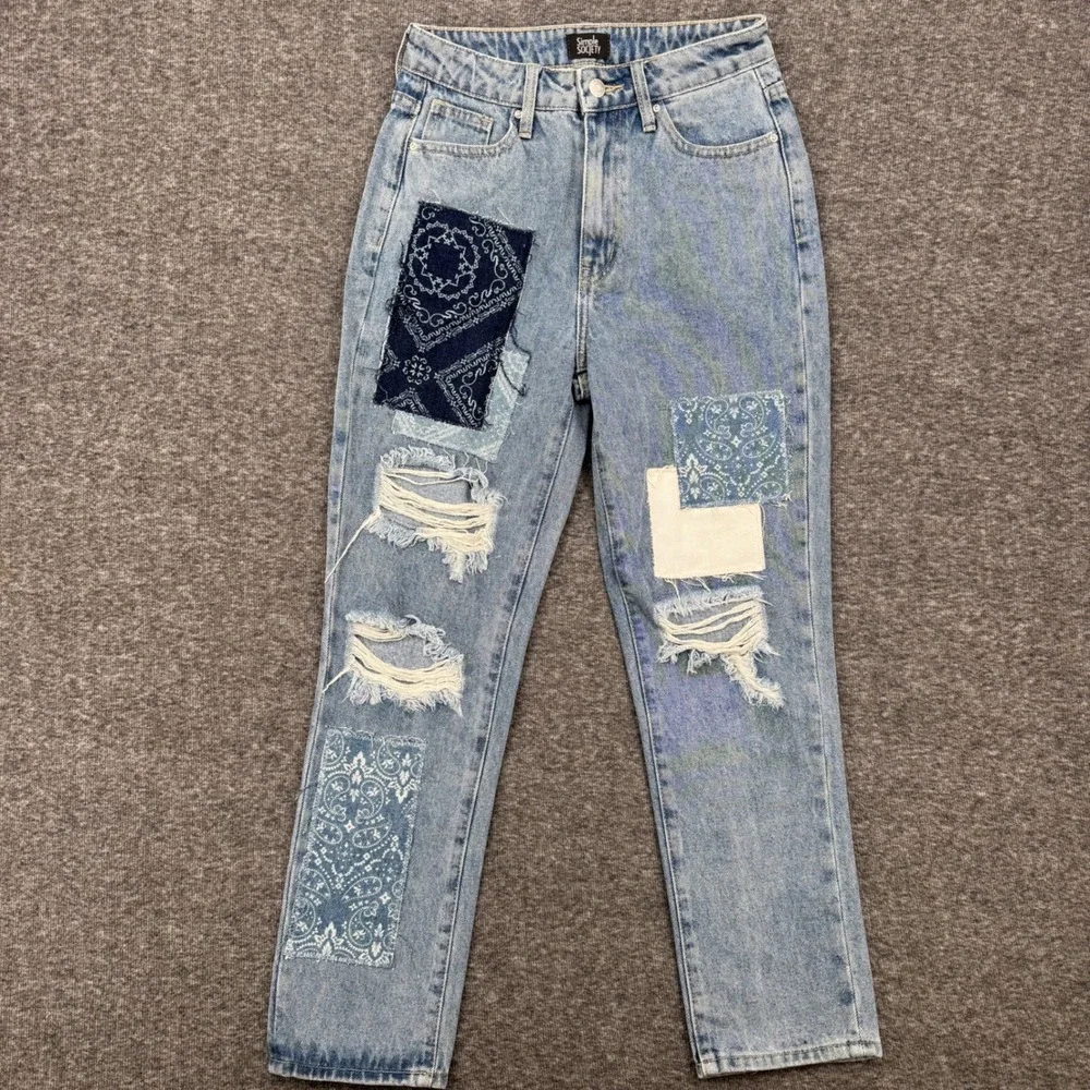 Simple Society Womens Patchwork Distressed Straight Leg Jeans Light Wash‎ Size 1